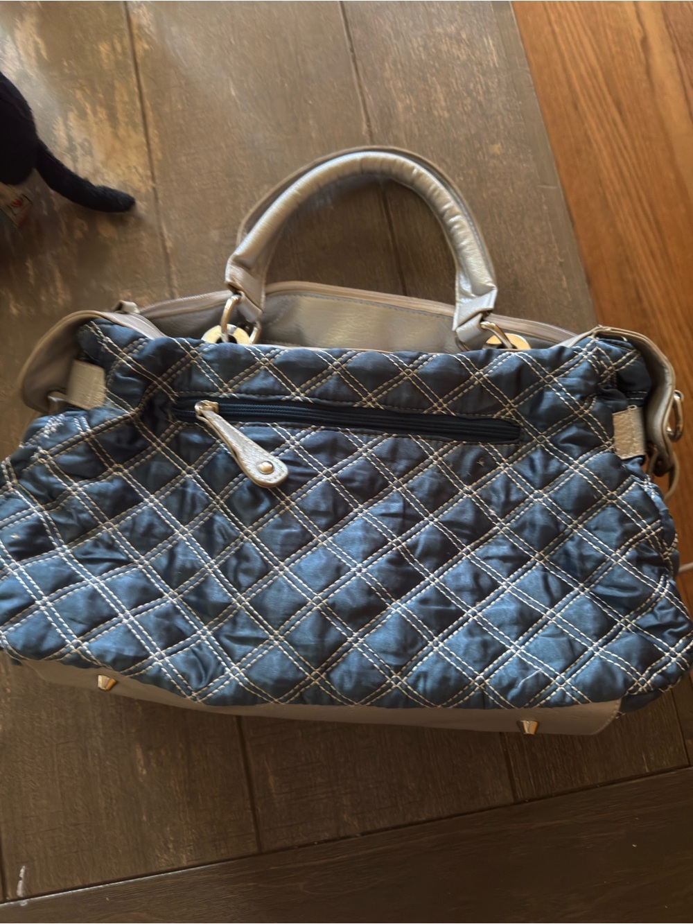 Quilted Two-Tone Satchel Handbag in Navy and Gray
